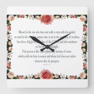 Reloj Cuadrado Salmo 1, bordes de flores coloridos