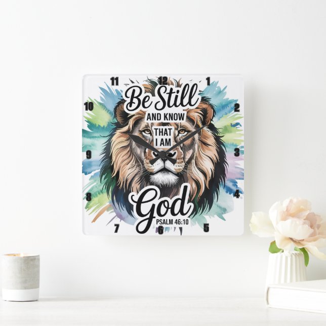 Reloj Cuadrado Salmo 46:10 Fe Inspiradora de León Majestuosa (Hogar)