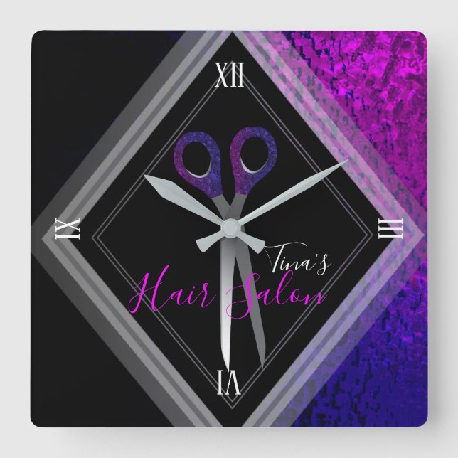 Reloj Cuadrado Salón De Pelo Moderno Morado Y Negro Moderno (Anverso)