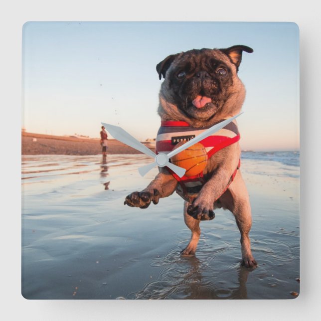 Reloj Cuadrado Salto de juego de Pug en la playa (Anverso)