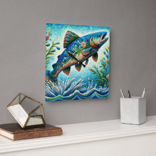 Reloj Cuadrado Salto de salmón Mosaic Floral Azul Peach