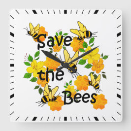 Reloj Cuadrado Salva las abejas, Panal y Flores Amarillas 