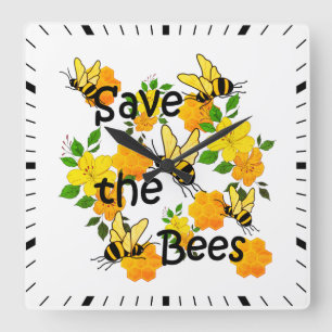 Reloj Cuadrado Salva las abejas, Panal y Flores Amarillas