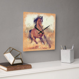 Reloj Cuadrado Salvaje Mustang Horses Stampede Watercolor