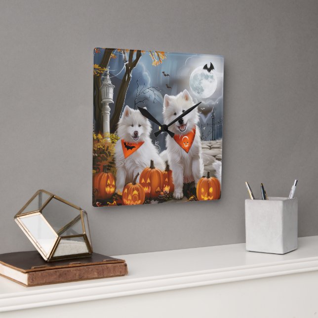 Reloj Cuadrado Samoyed Halloween Espeluznante (Oficina)