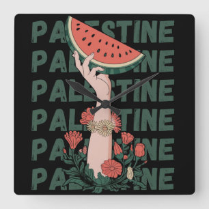 Reloj Cuadrado sandía, flores y texto palestino Repetir