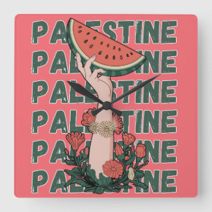 Reloj Cuadrado sandía, flores y texto palestino Repetir