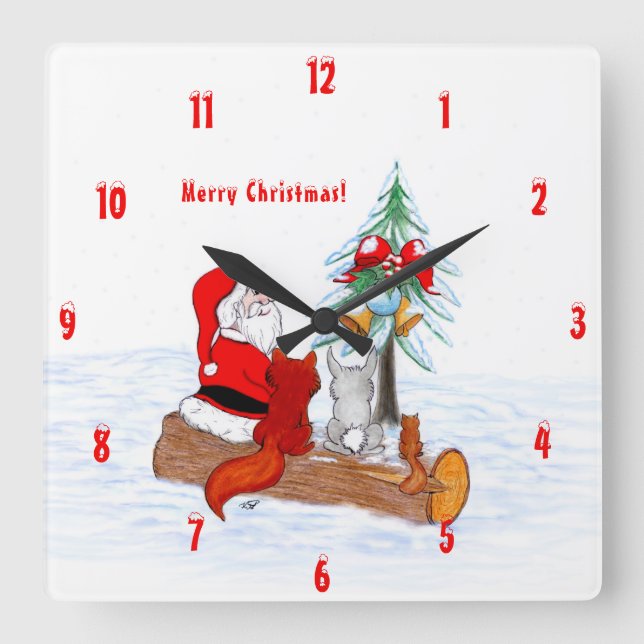 Reloj Cuadrado Santa Claus con Fox de Conejo y Squirrel (Anverso)