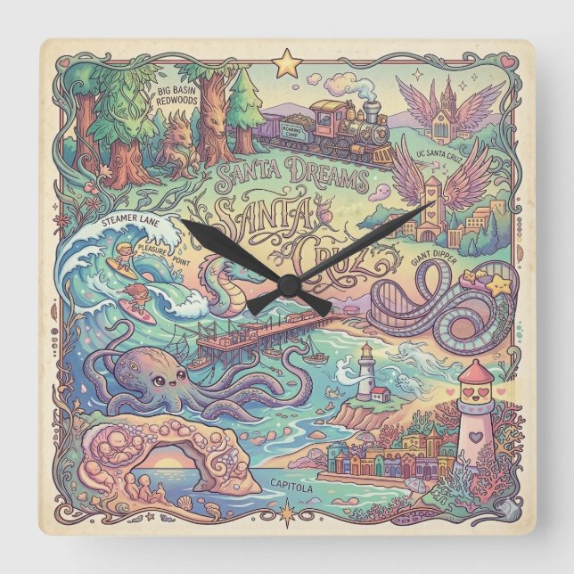 Reloj Cuadrado Santa Cruz California Illustrated Dreamscape Map (Anverso)