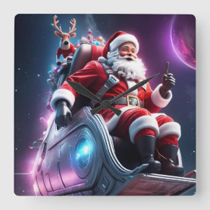 Reloj Cuadrado Santa en el Espacio Una Odisea Navideña Futurist