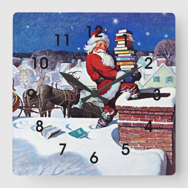 Reloj Cuadrado Santa entregando una carga de libros (Anverso)