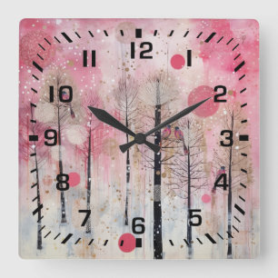 Reloj Cuadrado Santuario Mágico Rosa de Pájaros Cantores de Invie