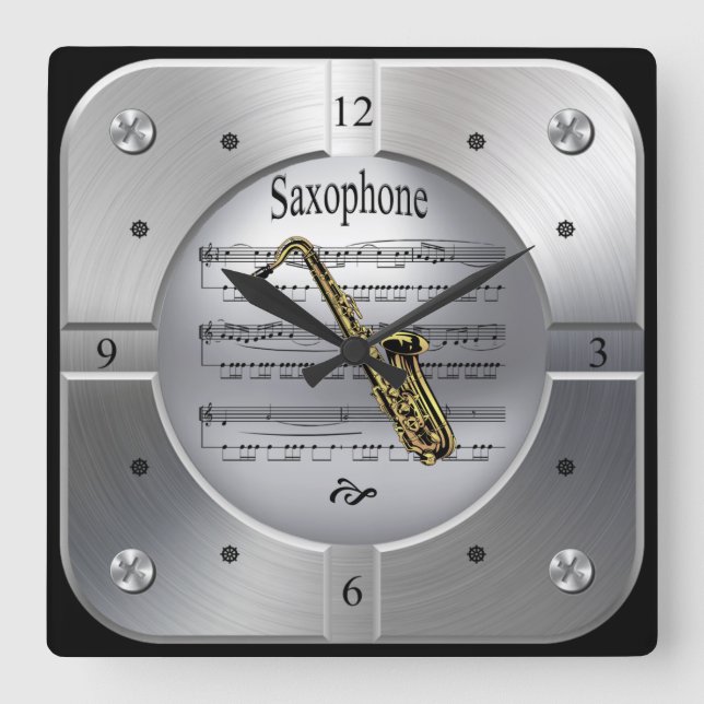 Reloj Cuadrado Saxofón ~ partitura ~ Color plateado ~ (Anverso)