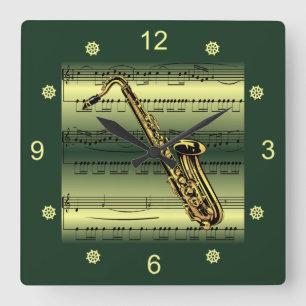 Reloj Cuadrado Saxofón~Rolling Sheet Music~Gold/Green Background