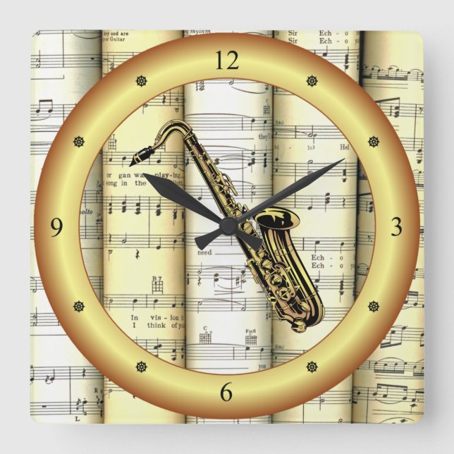 Reloj Cuadrado Saxofón ~ Rolling Sheet Music ~ Gold Ring ~ * ~ ~ (Anverso)