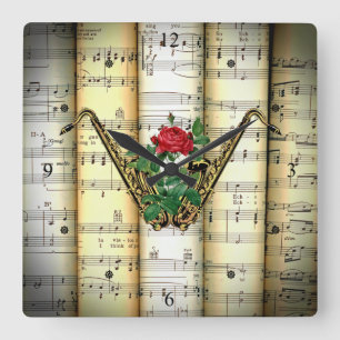 Reloj Cuadrado Saxofón y Rosa ~ Rolling Sheet Music ~