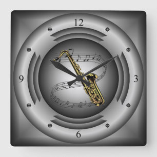 Reloj Cuadrado Saxophone ~ Musical Scroll ~ Silver Speaker ~