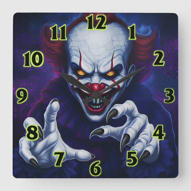 Reloj Cuadrado Scary Clown  Square Wall Clock (Anverso)