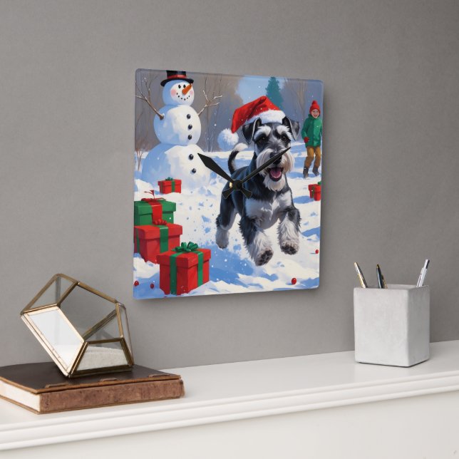 Reloj Cuadrado Schnauzer Running en nieve con Gorra Navidad (Oficina)