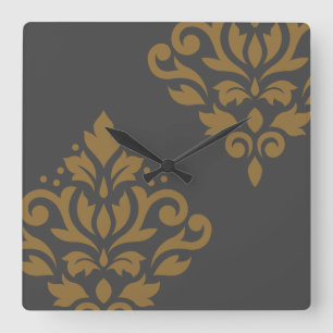 Reloj Cuadrado Scroll Damask Art I Gold on Grey