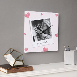 Reloj Cuadrado Sé mi Valentín | foto personalizada | Corazón rojo
