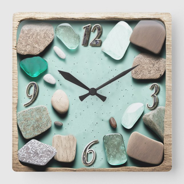 Reloj Cuadrado Sea Glass Ocean Stones Driftwood (Anverso)