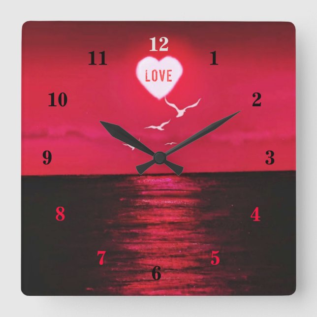 Reloj Cuadrado Sea Sunset Love Romantic Wall Clock - Black Red (Anverso)