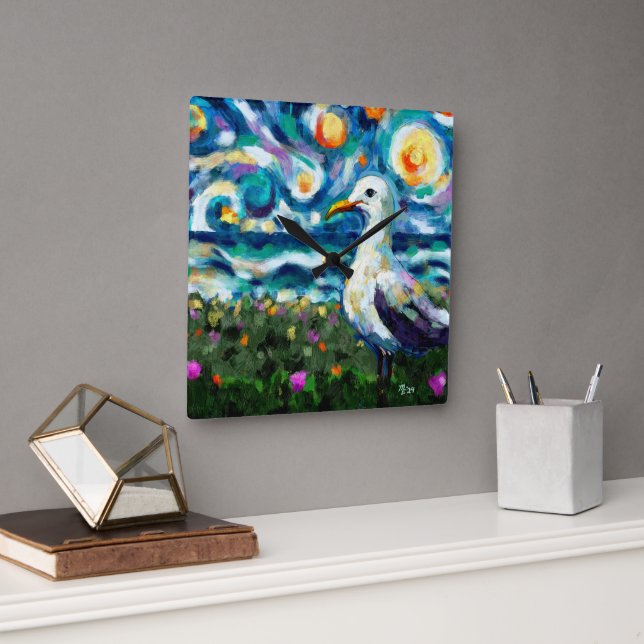 Reloj Cuadrado Seagull Van Gogh Style Beach Sky Blue Verde azulad (Oficina)