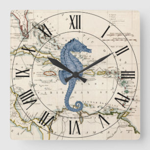 Reloj Cuadrado Seahorse~West Indies~Caribbean 1785 Nautical Map~