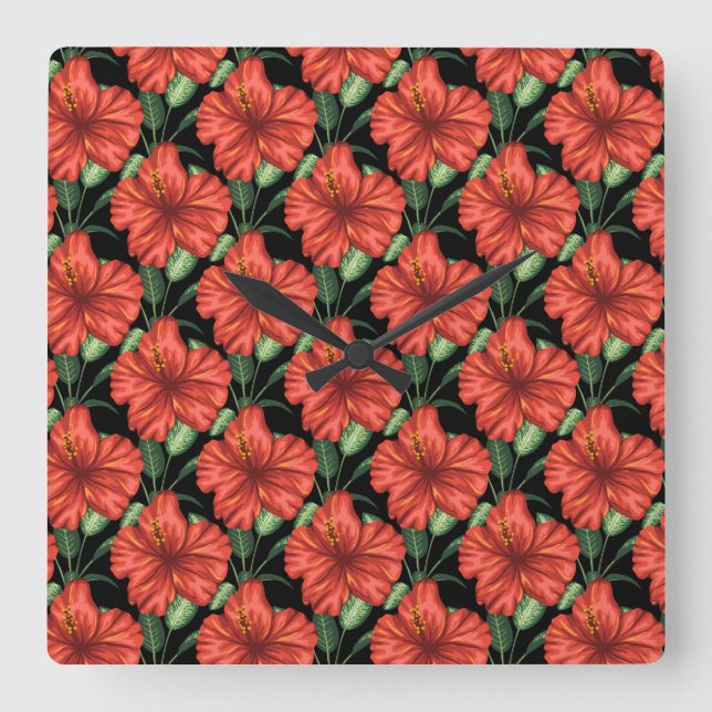 Reloj Cuadrado Seamless pattern Tropical red flowers green leaves (Anverso)