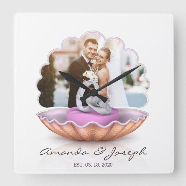 Reloj Cuadrado Seashell Rings Photo Wedding Gift Wall Clock (Anverso)