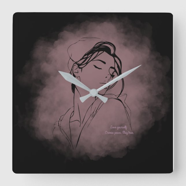 Reloj Cuadrado Self-Love Line Art Clock – "Love Yourself" Design (Anverso)