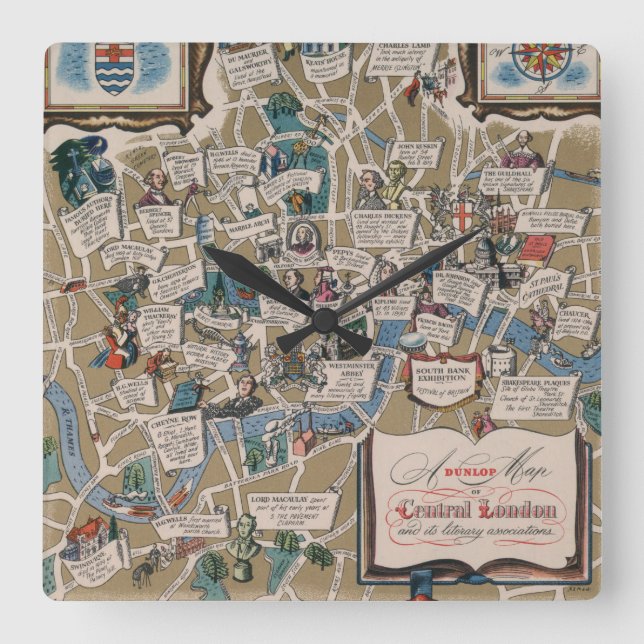 Reloj Cuadrado Señales literarias del mapa de Dunlop de Londres (Anverso)