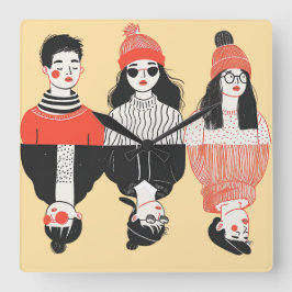 Reloj Cuadrado Sencillo dibujo moderno de jóvenes geniales