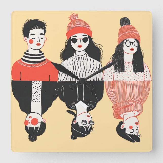 Reloj Cuadrado Sencillo dibujo moderno de jóvenes geniales (Anverso)