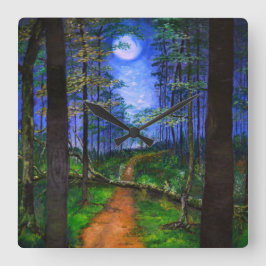 Reloj Cuadrado Sendero pintado de luna en acrílico de los bosques