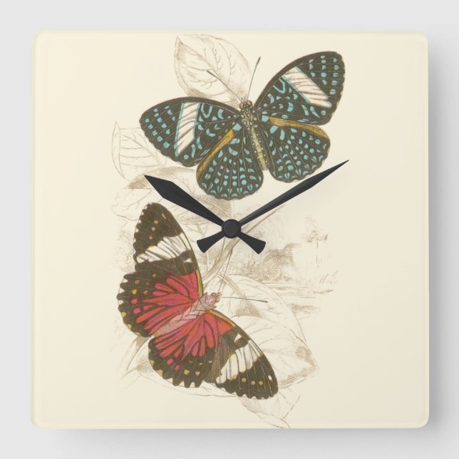 Reloj Cuadrado Sepia Leaves with Colorful Butterflies (Anverso)