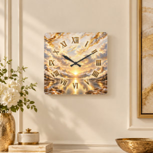 Reloj Cuadrado Sérenamente Montaña Dorada Amanecer Numeral Romano
