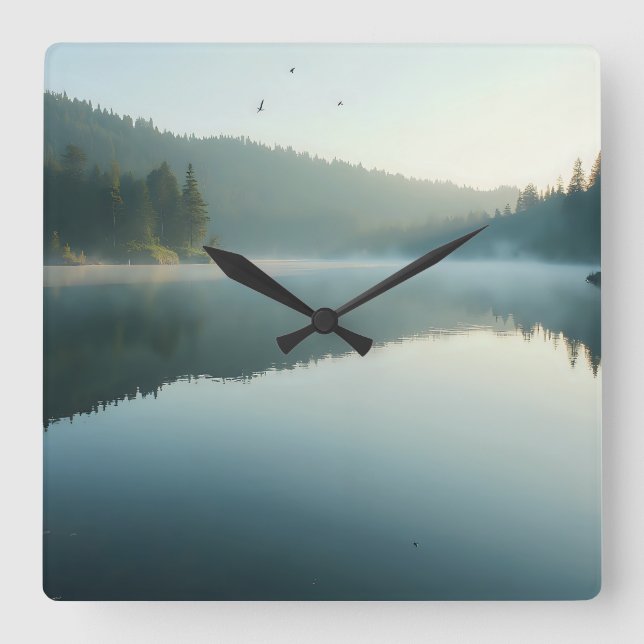 Reloj Cuadrado Serene Misty Lake Forest Morning Reflection (Anverso)
