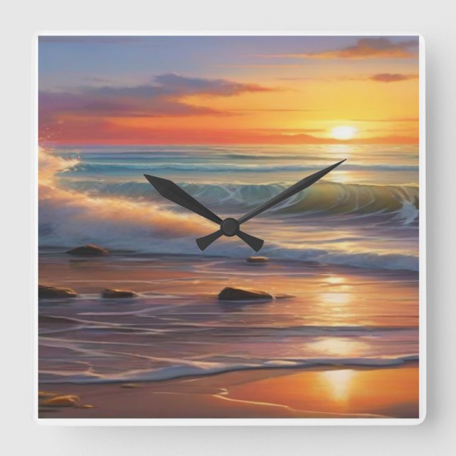 Reloj Cuadrado Serenidad al atardecer: Olas de tranquilidad (Anverso)