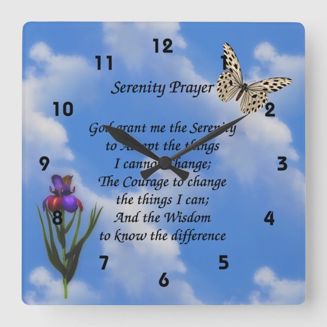 Reloj Cuadrado Serenity Prayer Butterfly Flower Inspirador (Anverso)