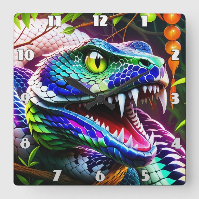 Reloj Cuadrado Serpiente Cobra con escalas turquesa y azul vibran (Anverso)