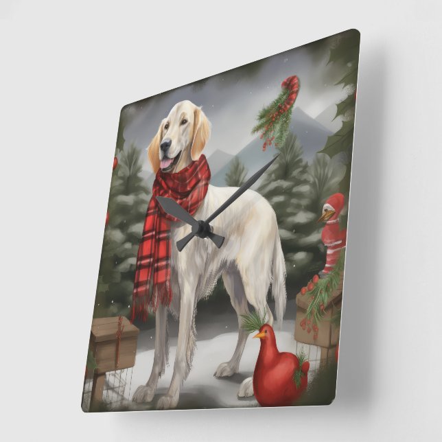 Reloj Cuadrado Setter Inglés Perro en Navidad Nieve (Ángulo)