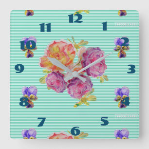 Reloj Cuadrado Shabby Chic Aqua Rosas Rosa Floral Habitación Turq