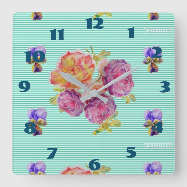 Reloj Cuadrado Shabby Chic Aqua Rosas Rosa Floral Habitación Turq (Anverso)