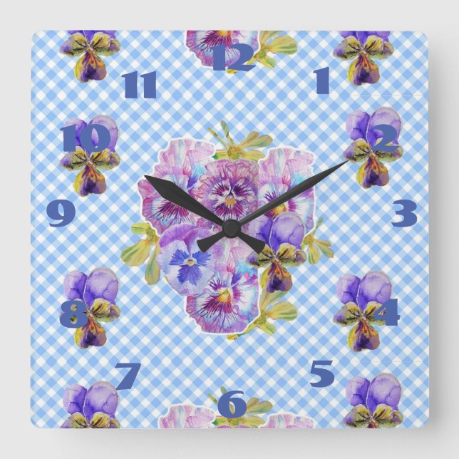 Reloj Cuadrado Shabby Chic Blue Pansies Pansy Floral Check Clock (Anverso)