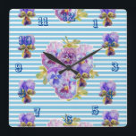 Reloj Cuadrado Shabby Chic Blue Stripe Pansy Flower Floral Art<br><div class="desc">Shabby Chic Blue Stripe Pansy Flower Floral Art Square Wall Clock . Designed from my original watercolour art.</div>