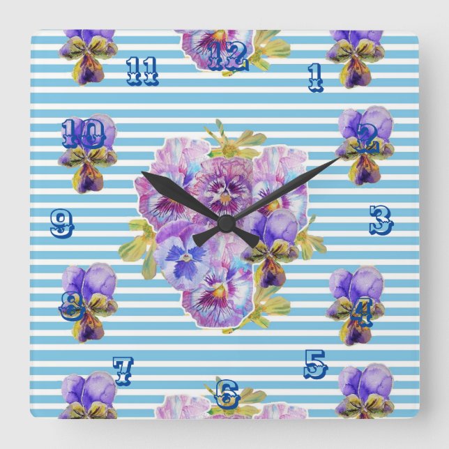 Reloj Cuadrado Shabby Chic Blue Stripe Pansy Flower Floral Art (Anverso)