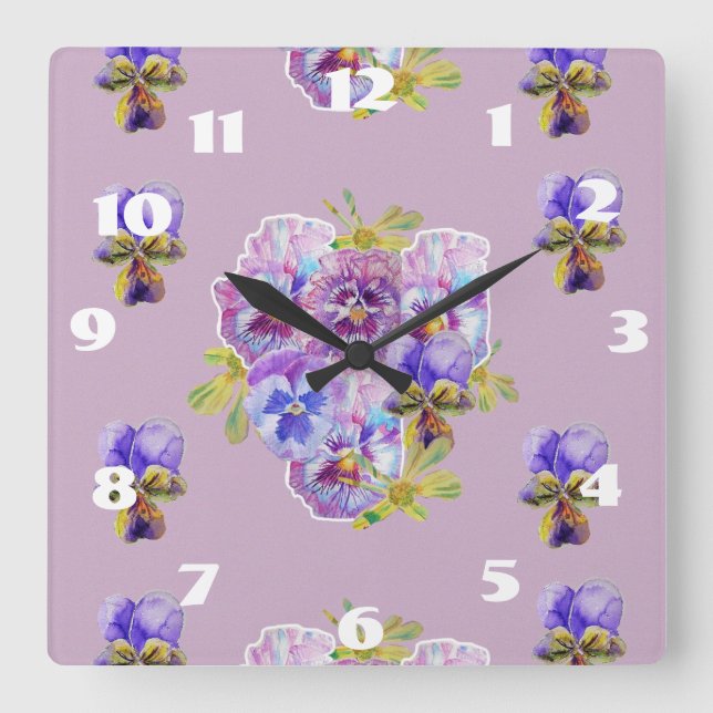 Reloj Cuadrado Shabby Chic Lilac Pansies Pansy Floral Room Clock (Anverso)