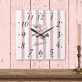 Reloj Cuadrado Shabby Chic Pink Striped Rose Bouquet Monogramado